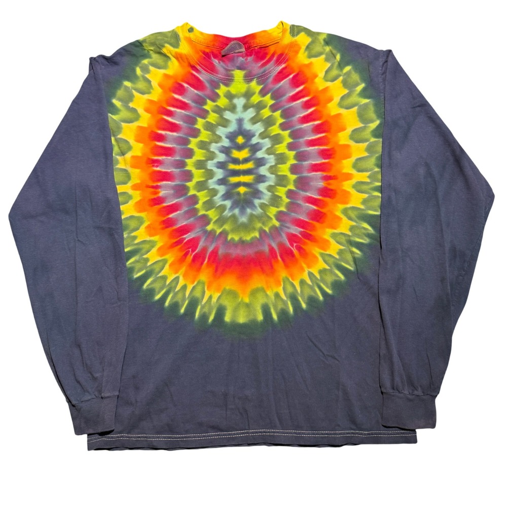 Vintage 90s Tie Dye Long Sleeve Shirt Medium Navy Blue Rainbow Sunburst Retro